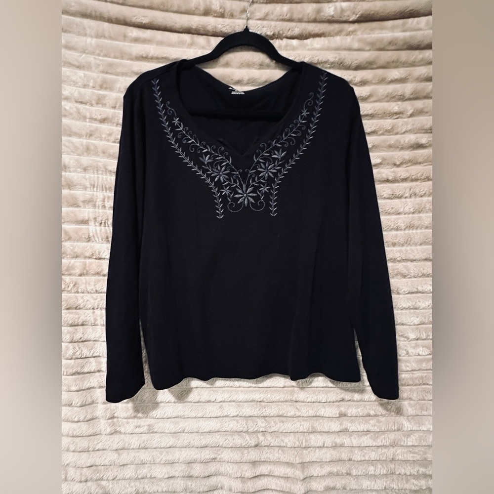 St. John's Bay Black Long-Sleeve V-Neck Top with Embroidered Detail